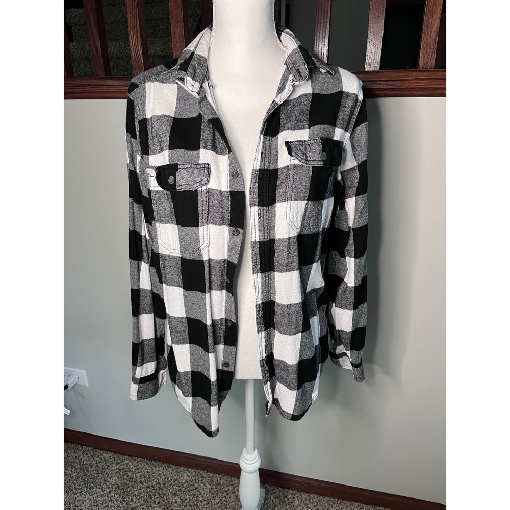 George Mens Flannel Shirt Medium Black White Buffalo Plaid Button Down Flannel